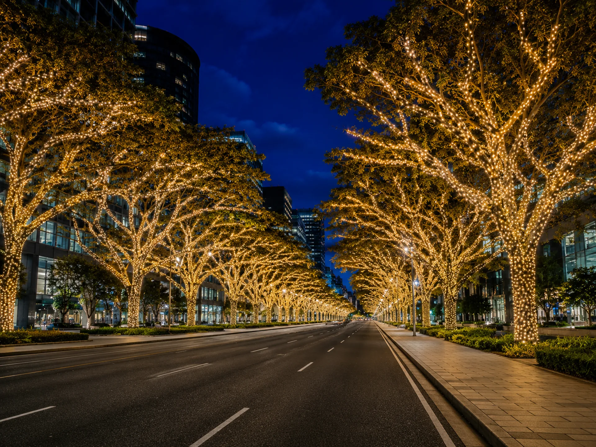 Row of street trees dramatically uplighted along a corporate campus entry road at night